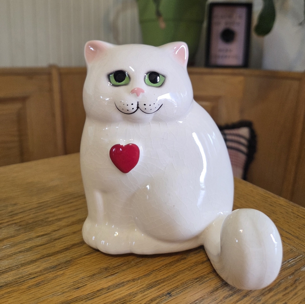 Vintage Ceramic White Cat Wall Decor 3D Tail Wall Hanger Valentine Green Eyes